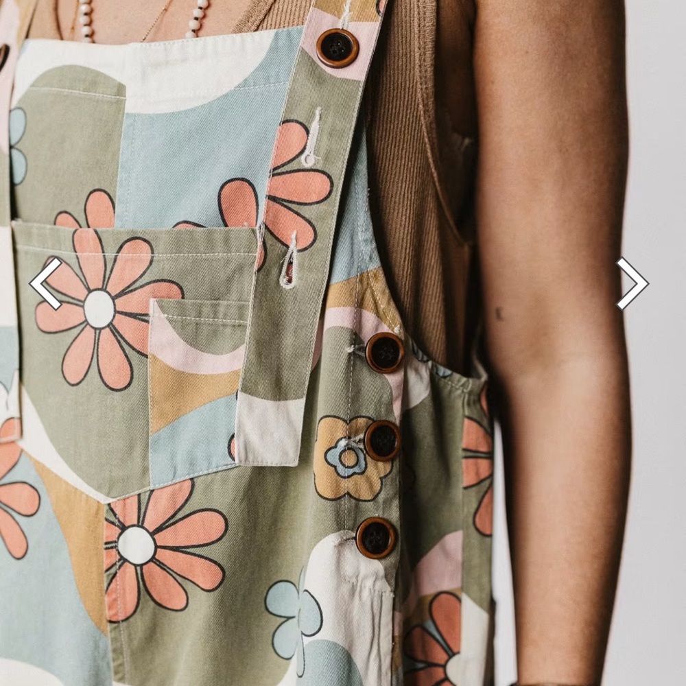 Three Bird Nest, Floral High Hopes Denim slouchy Overalls Jump S New Green - Picture 6 of 8